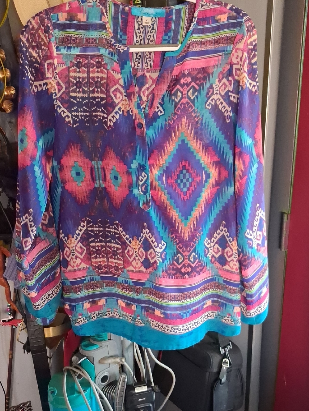 buttons Multicolor Geometric Boho-Print Long Sleeve Blouse